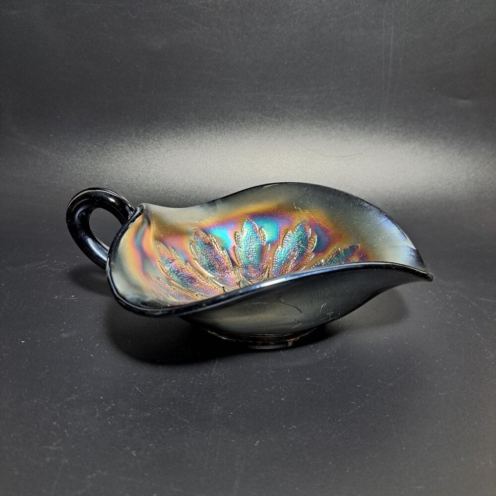 Dugan Carnival Glass Leaf Rays Tri-Corner Nappy Dish Iridescent Finish